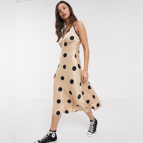 NWT Moon River Polka Dot Slip Midi Dress Satin Tan Black Size small - Picture 1 of 11